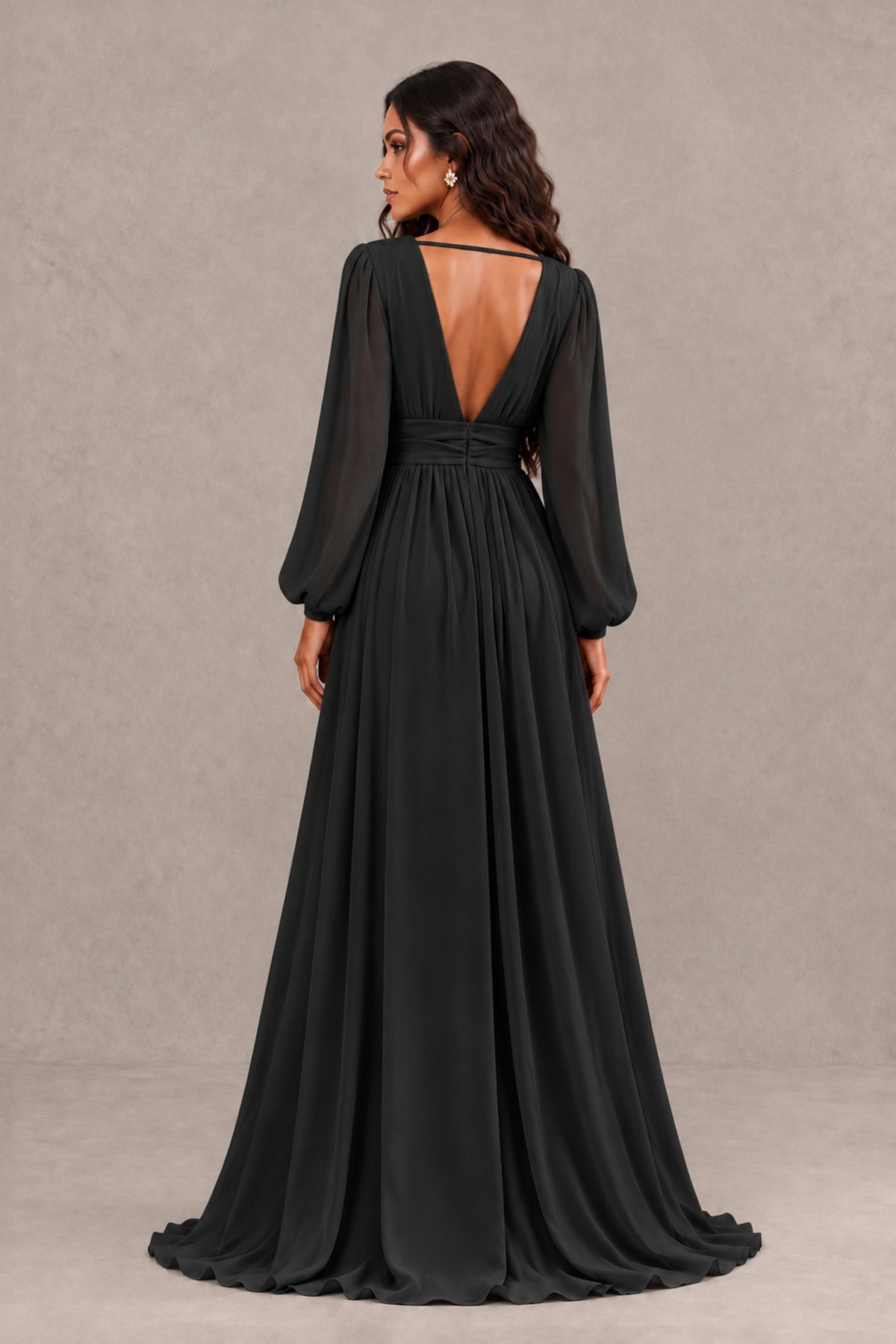 BOLODOO black long sleeve gown, rear view showing open V-back and sweep train