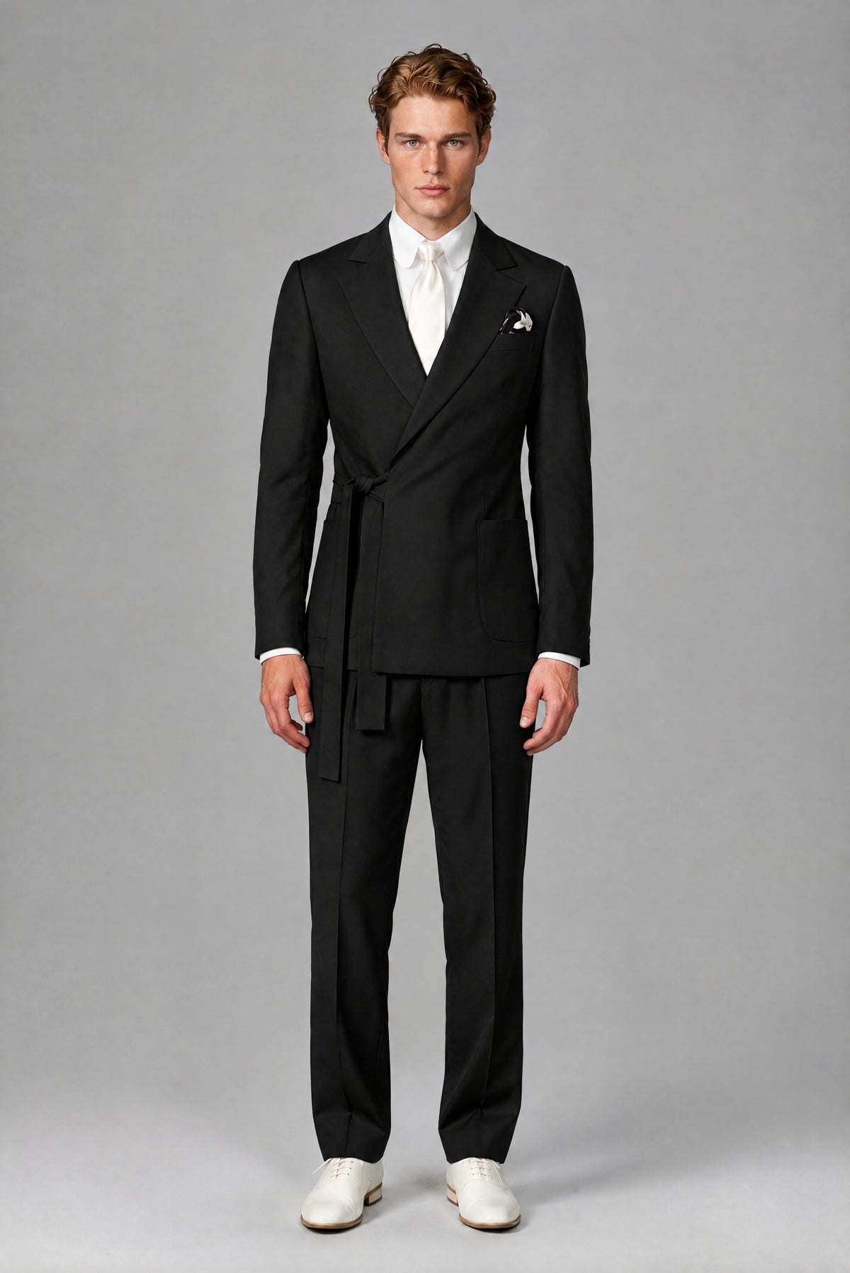 Bolodoo black tie-waist jacket and matching full-length trousers, three-quarter view