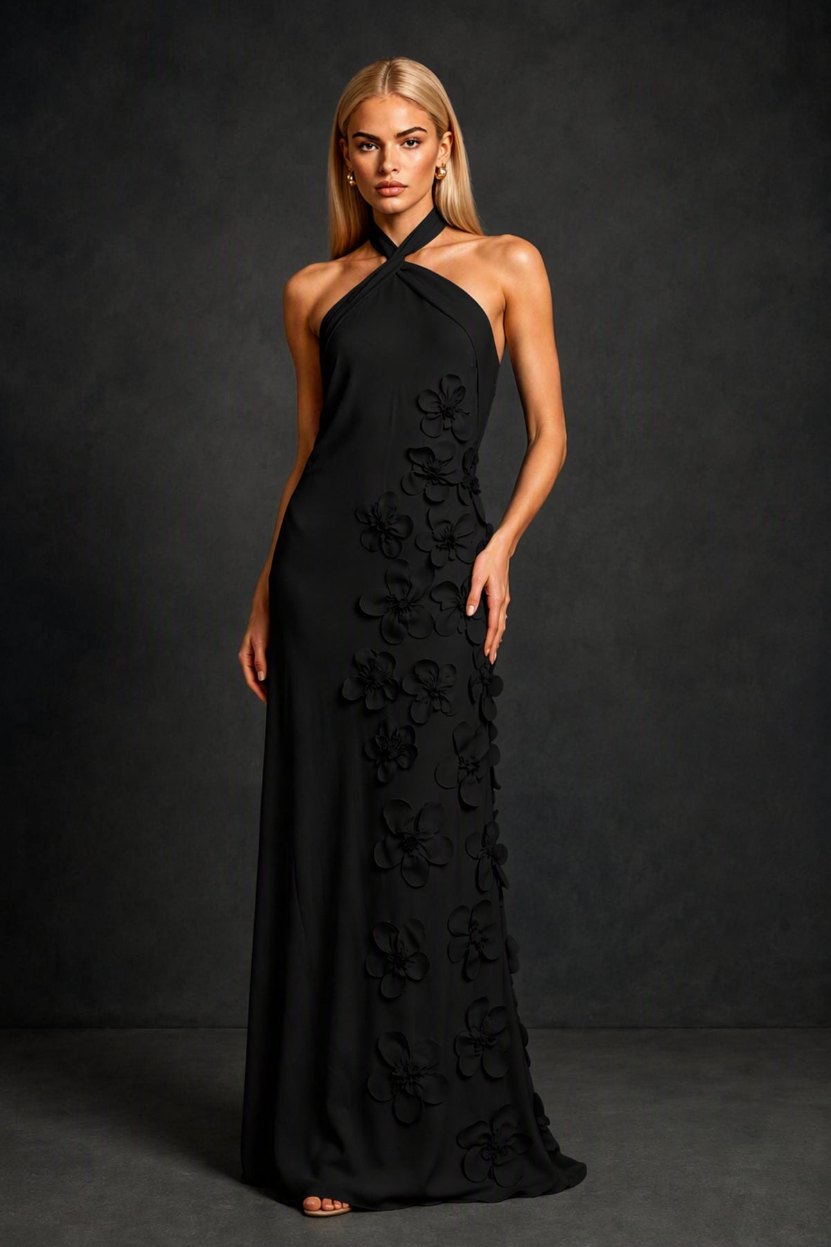 BOLODOO Black Cross Halter Neck 3D Floral Appliqué Backless Mermaid Gown - Front View Close