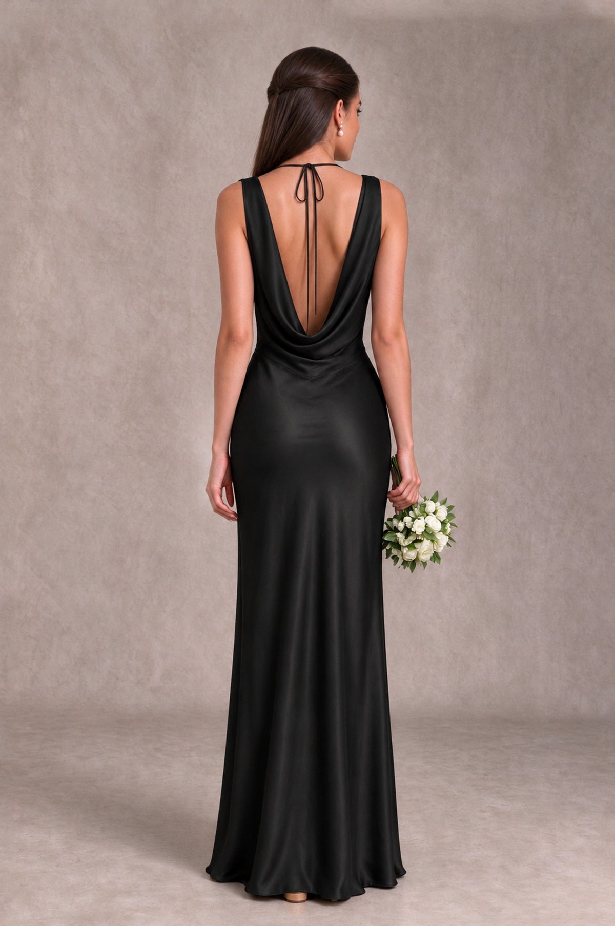 Black bridesmaid dress with deep open cowl back and delicate upper-back tie, rear view
