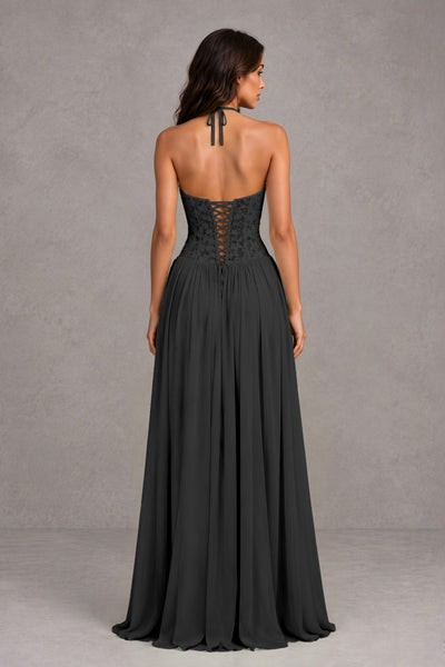 BOLODOO Black Lace Corset Halter Maxi Gown – Backless A-Line Formal Dress 
