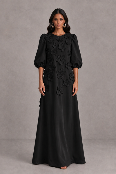 BOLODOO BX0190 black floral applique A-line evening dress with elbow-length puff sleeves, full front view