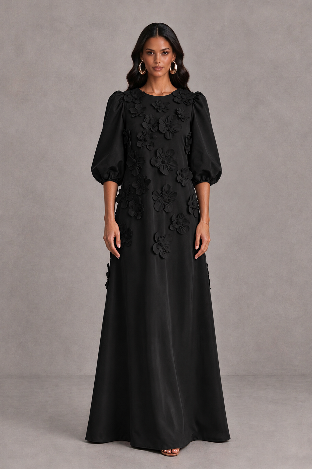 BOLODOO BX0190 black floral applique A-line evening dress with elbow-length puff sleeves, full front view