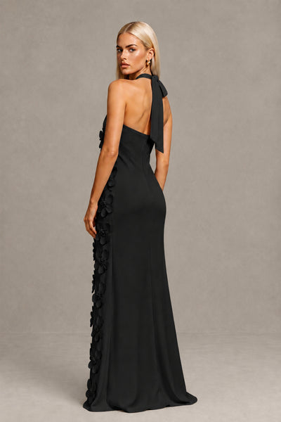 BOLODOO Black Cross Halter Neck 3D Floral Appliqué Backless Mermaid Maxi Gown 