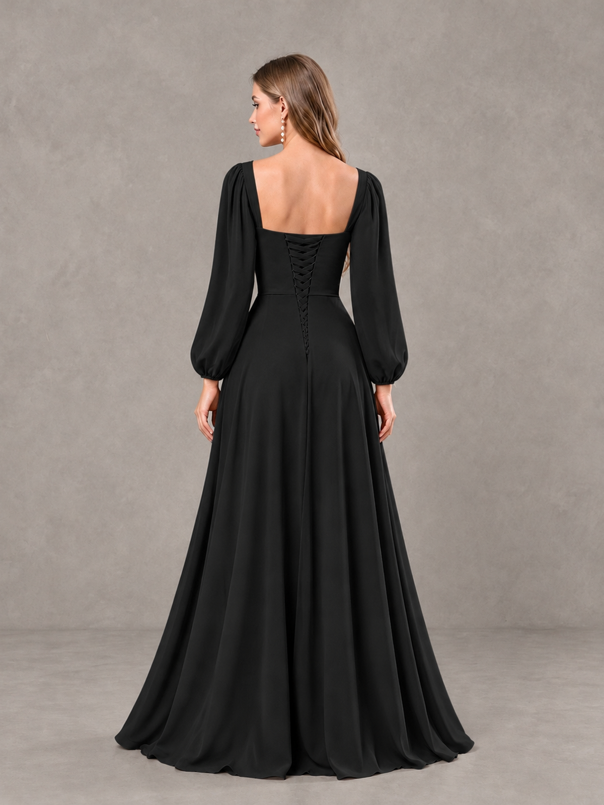 BOLODOO black bridesmaid dress with low square open back and lace-up detailing, back view