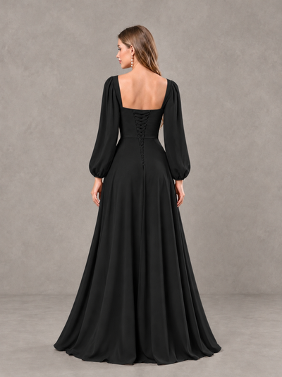 BOLODOO black bridesmaid dress with low square open back and lace-up detailing, back view