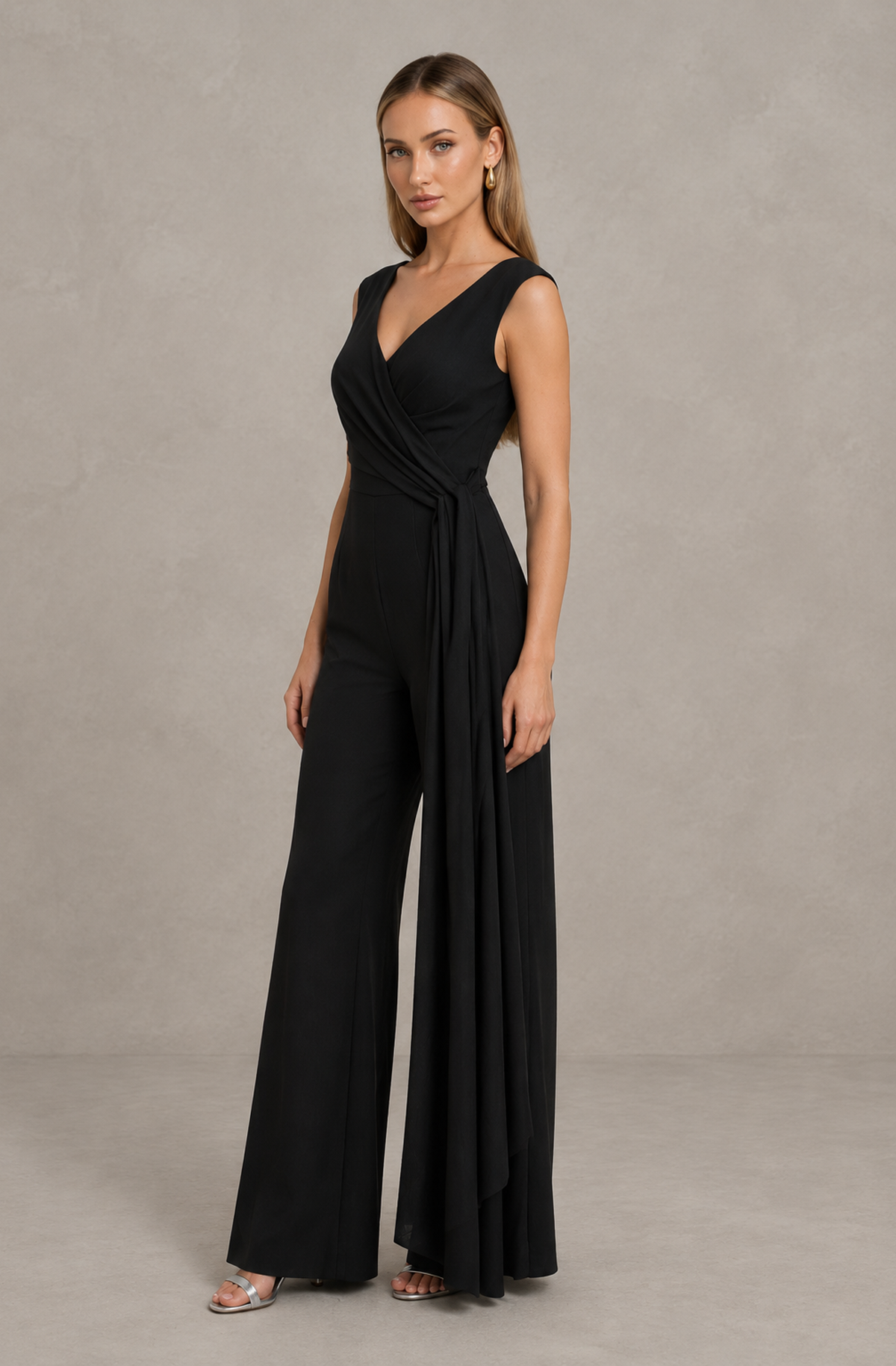 BOLODOO QQ078 black formal jumpsuit three-quarter view showing wide legs and side drape