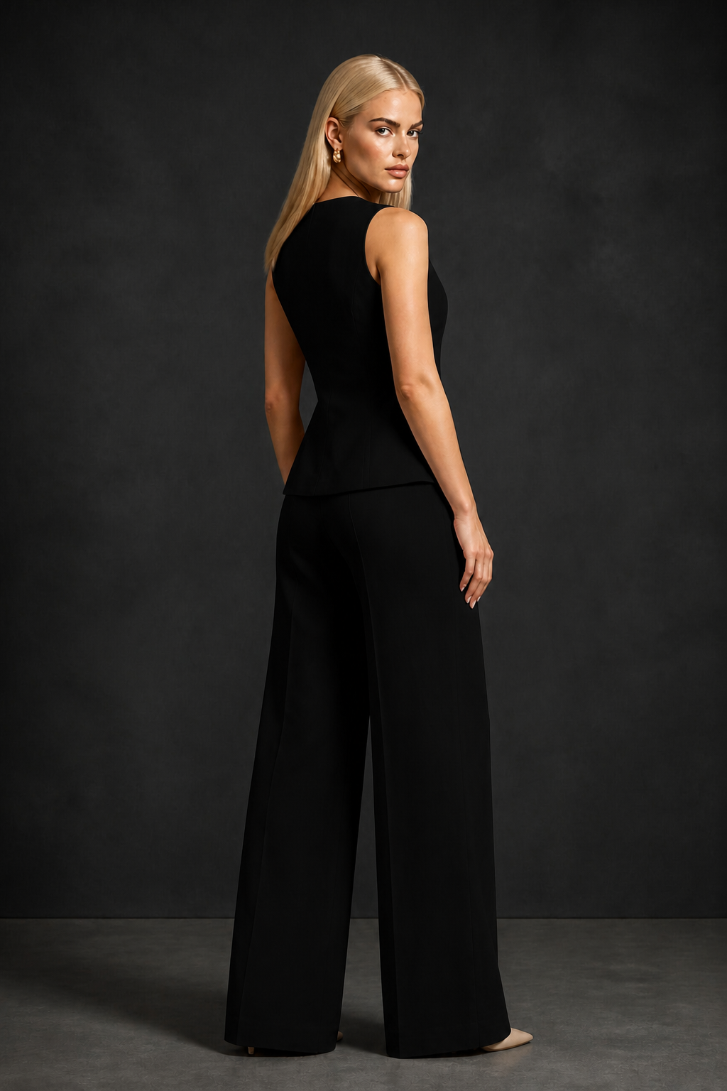 BOLODOO Black Two-Piece Suit – Front Full Length Walking View, Asymmetric Peplum Hem