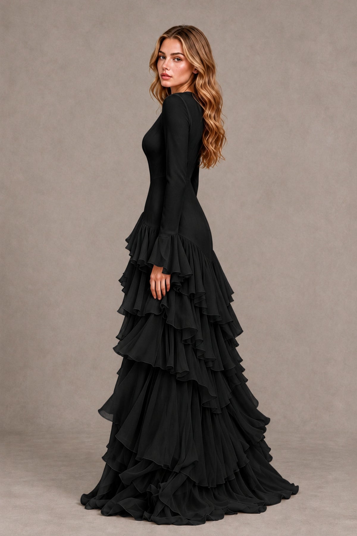 Black Long Sleeve Tiered Ruffle Evening Gown 