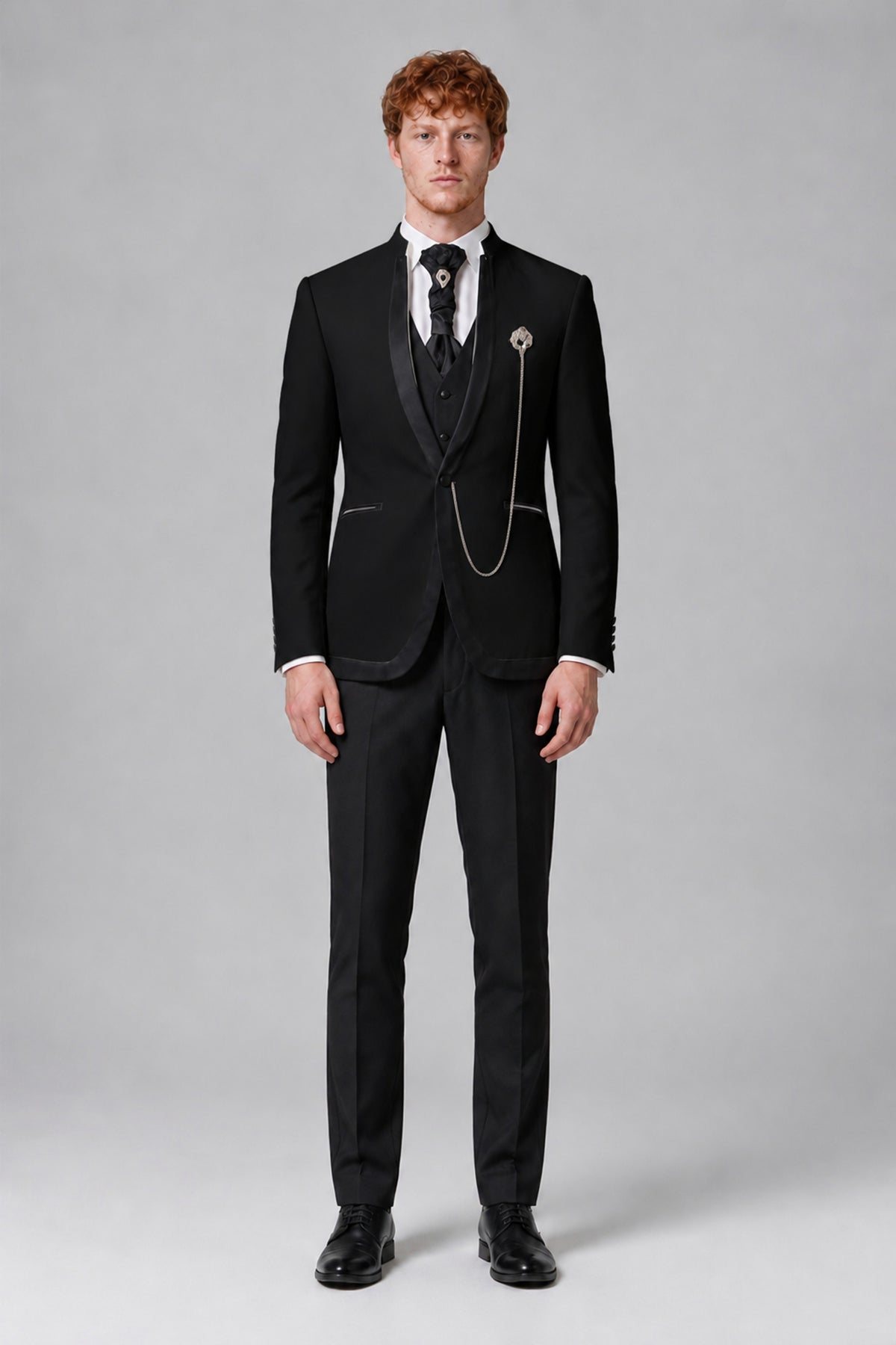Bolodoo FQ1019 men's black three-piece shawl lapel tuxedo suit front full-length view
