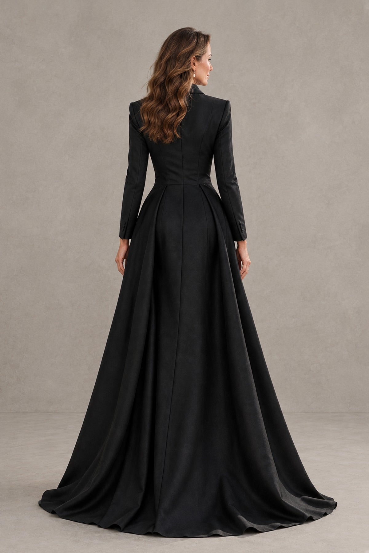 BOLODOO black long sleeve formal gown, back view showing covered back and full train