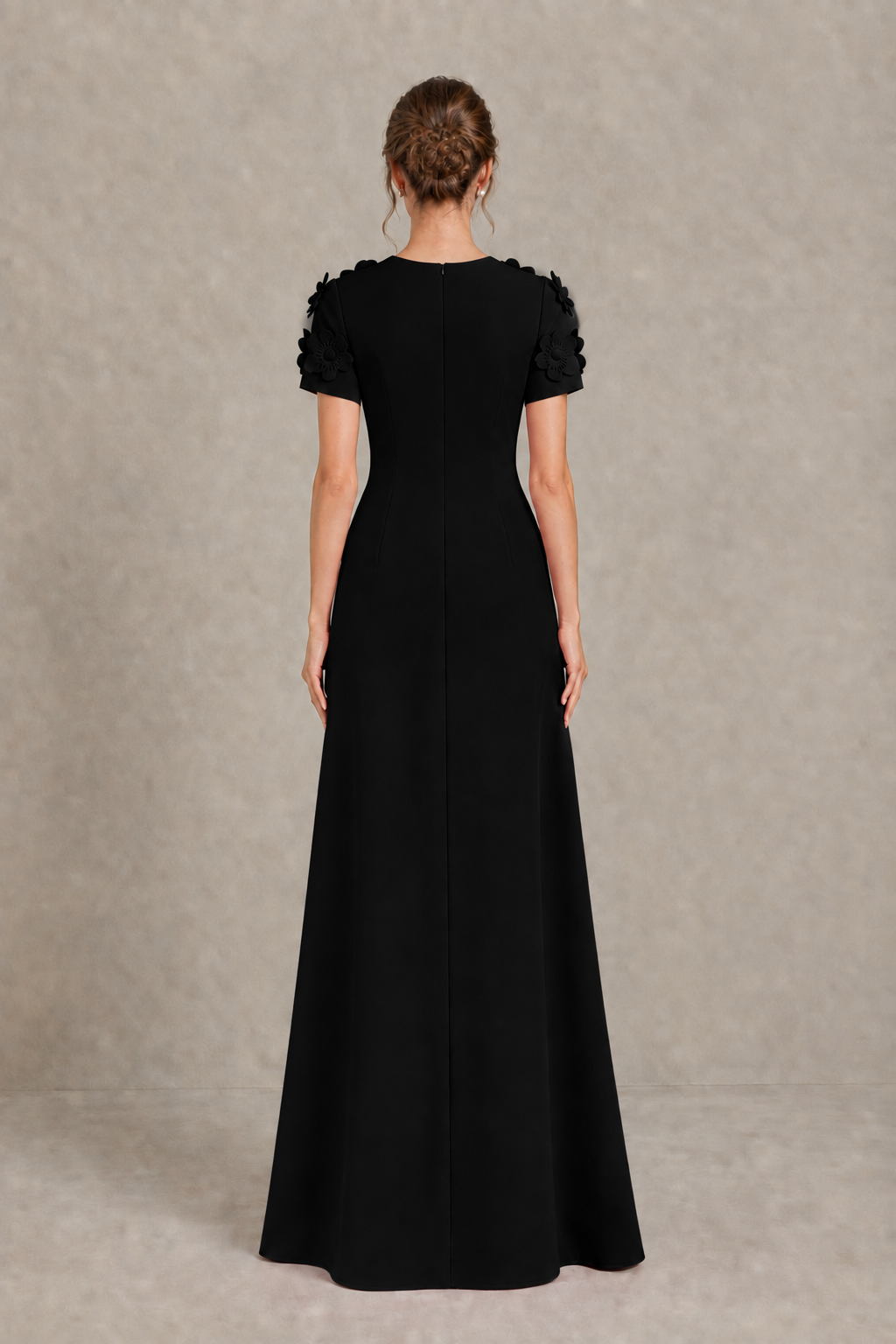 BOLODOO black textured floral maxi dress with short sleeves, back view