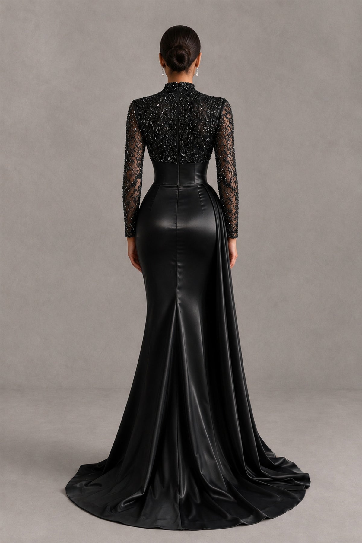 BOLODOO FQ0077 black mermaid evening gown front view with embellished sheer long sleeves and satin-look skirt