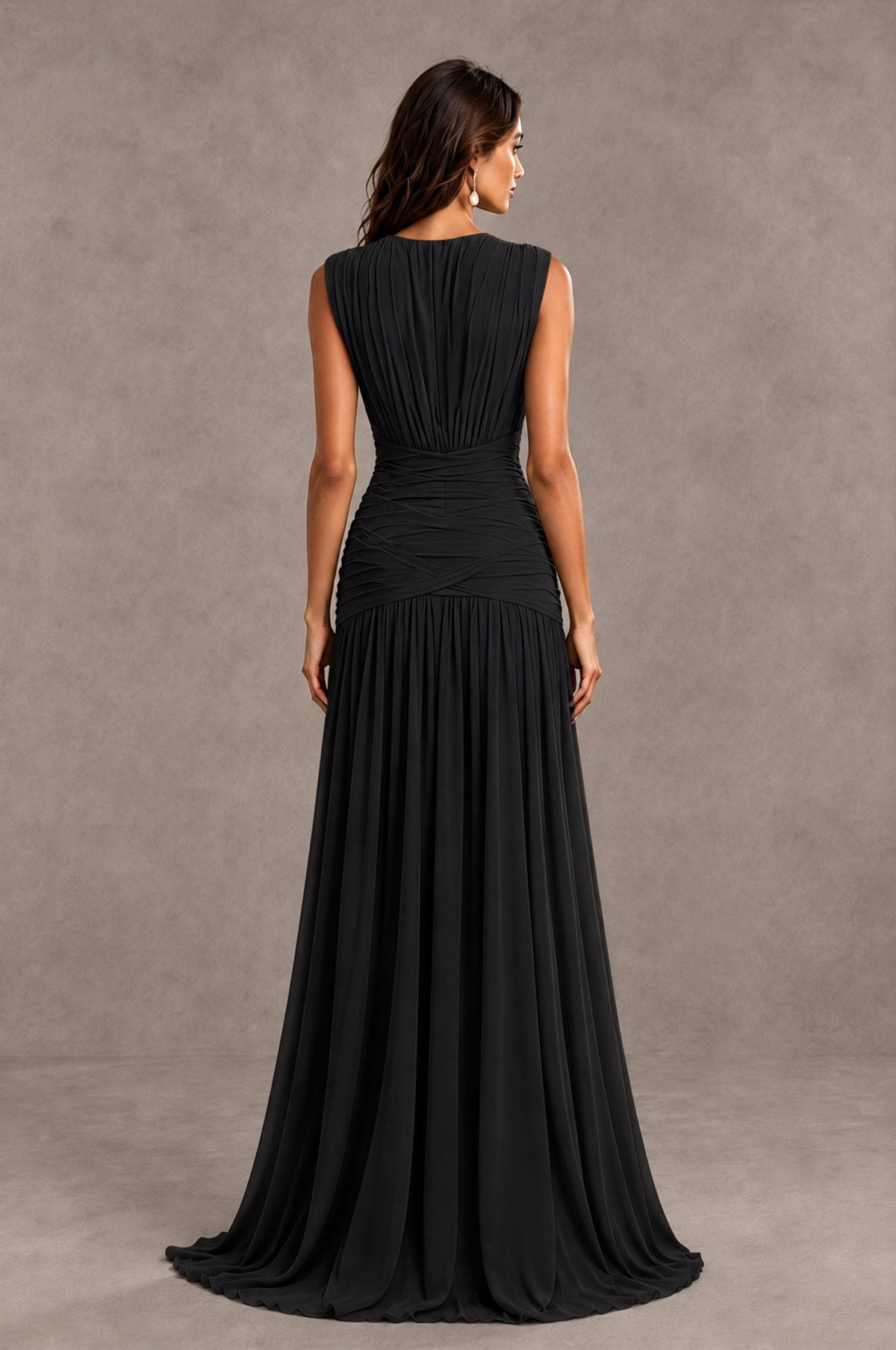 BOLODOO Black V-Neck Ruched Wedding Guest Dress 