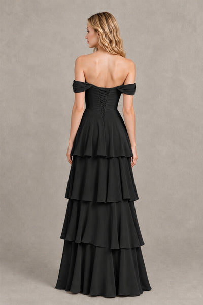 BOLODOO black off-shoulder tiered A-line evening dress FQ0068, front view