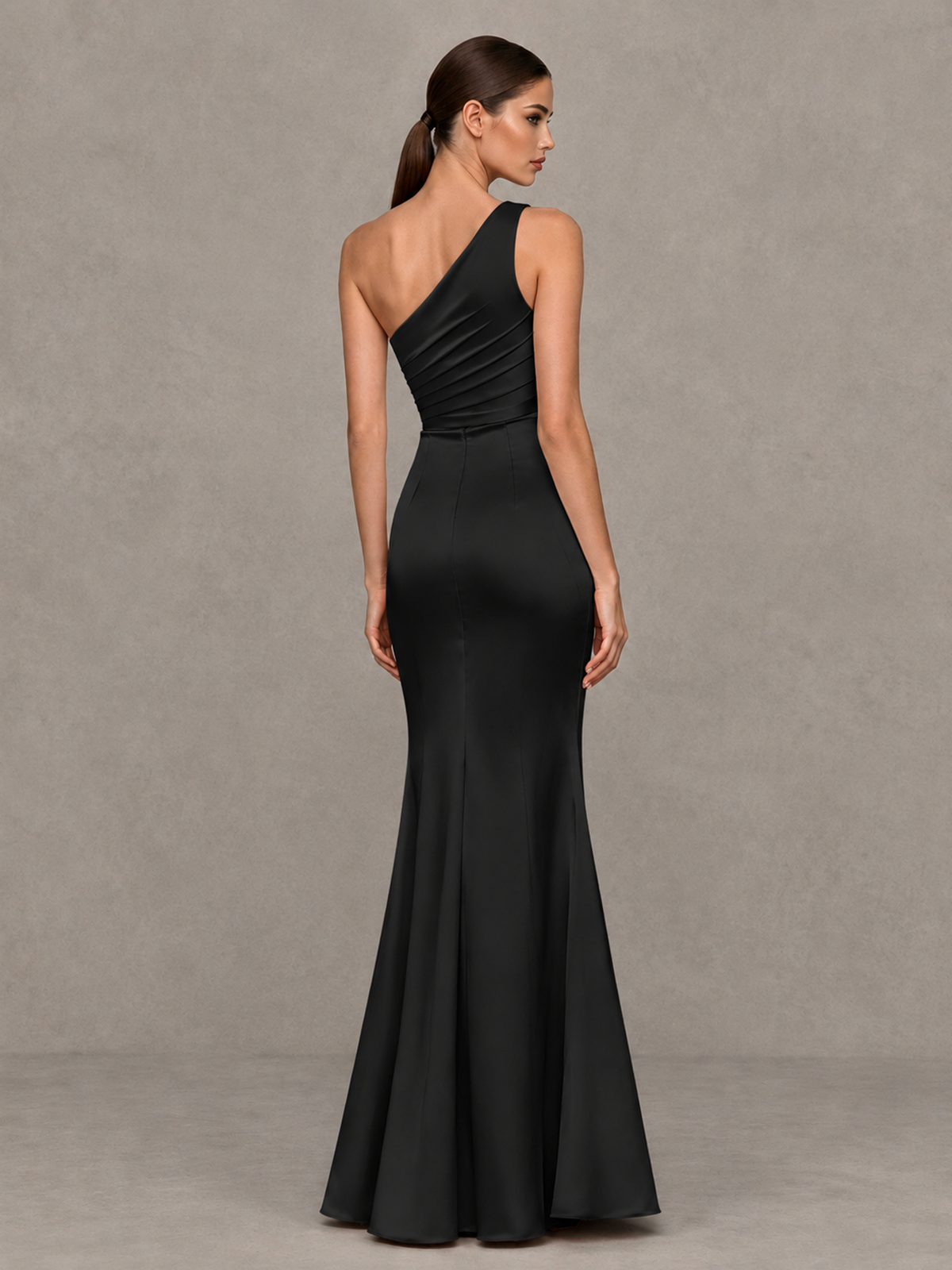 BOLODOO XCD069 black one-shoulder evening gown, asymmetric partially open back view