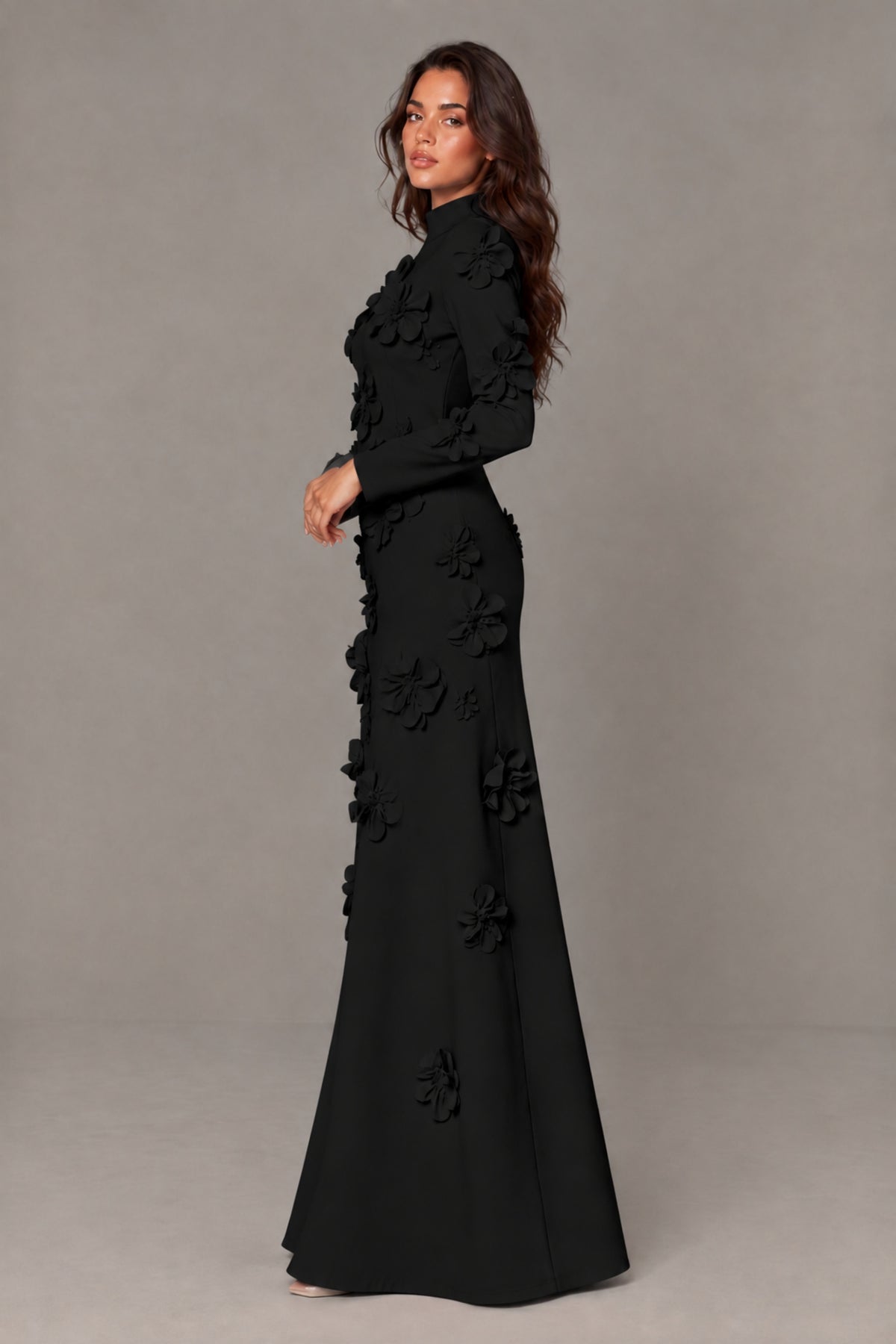 Side view of BOLODOO FQ0055 black long-sleeve floor-length gown with raised floral details