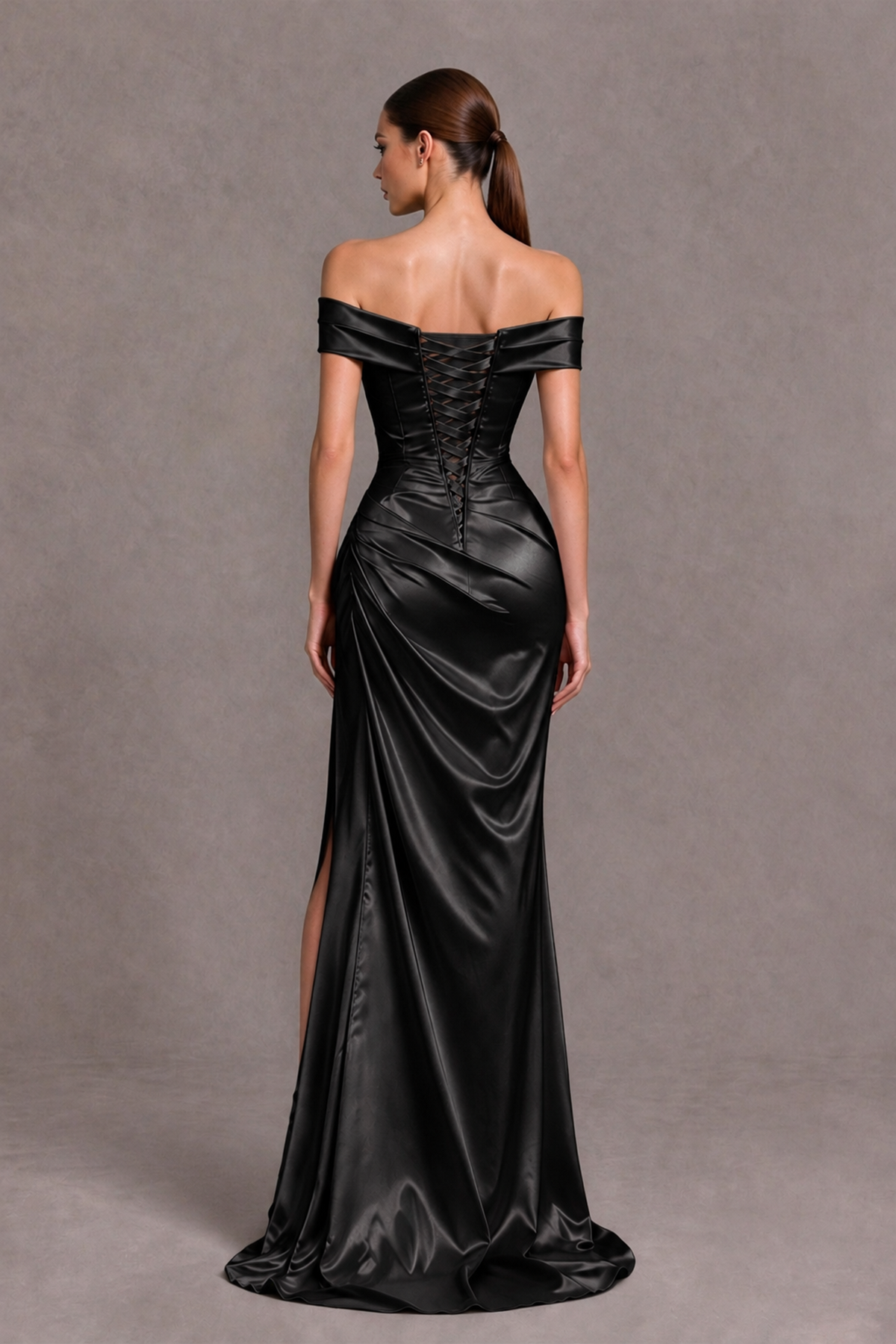 BOLODOO XX109 black satin-look gown, back view showing lace-up corset closure and sweep train