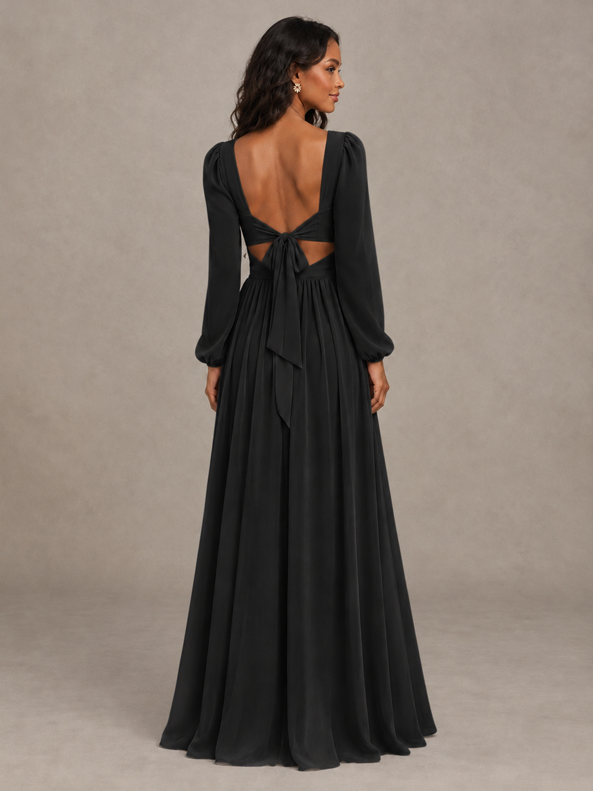 BOLODOO black bridesmaid dress with low open tie back and waist cutout, back view