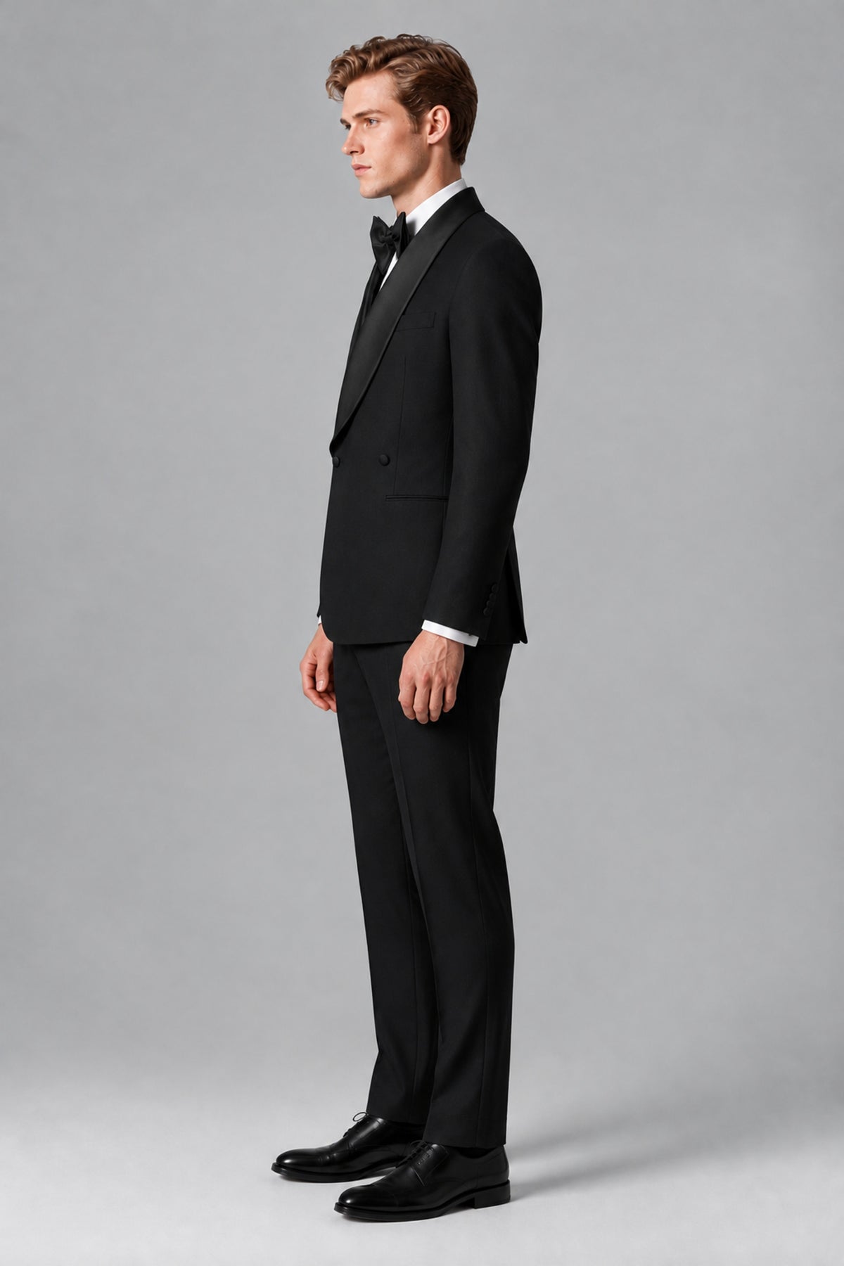Bolodoo FQ1004 men's black tuxedo jacket and full-length trousers, side view