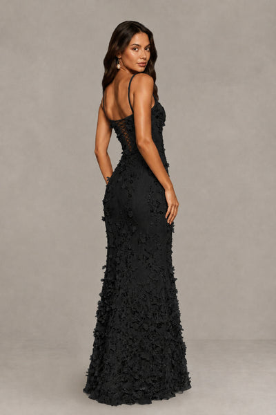 BOLODOO Black Sequin 3D Floral Mermaid Maxi Gown – Lace-Up Back Formal Dress 