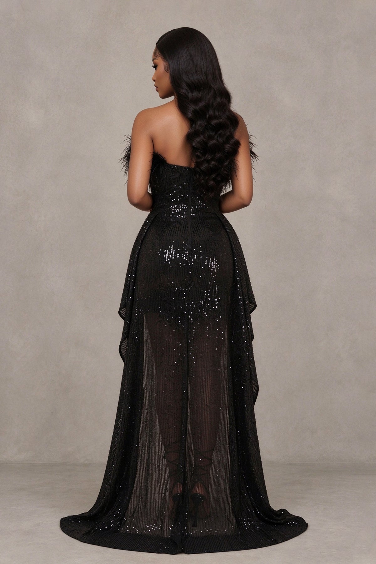 BOLODOO QQ100 black sequin cocktail dress showing strapless back and sheer floor-length train