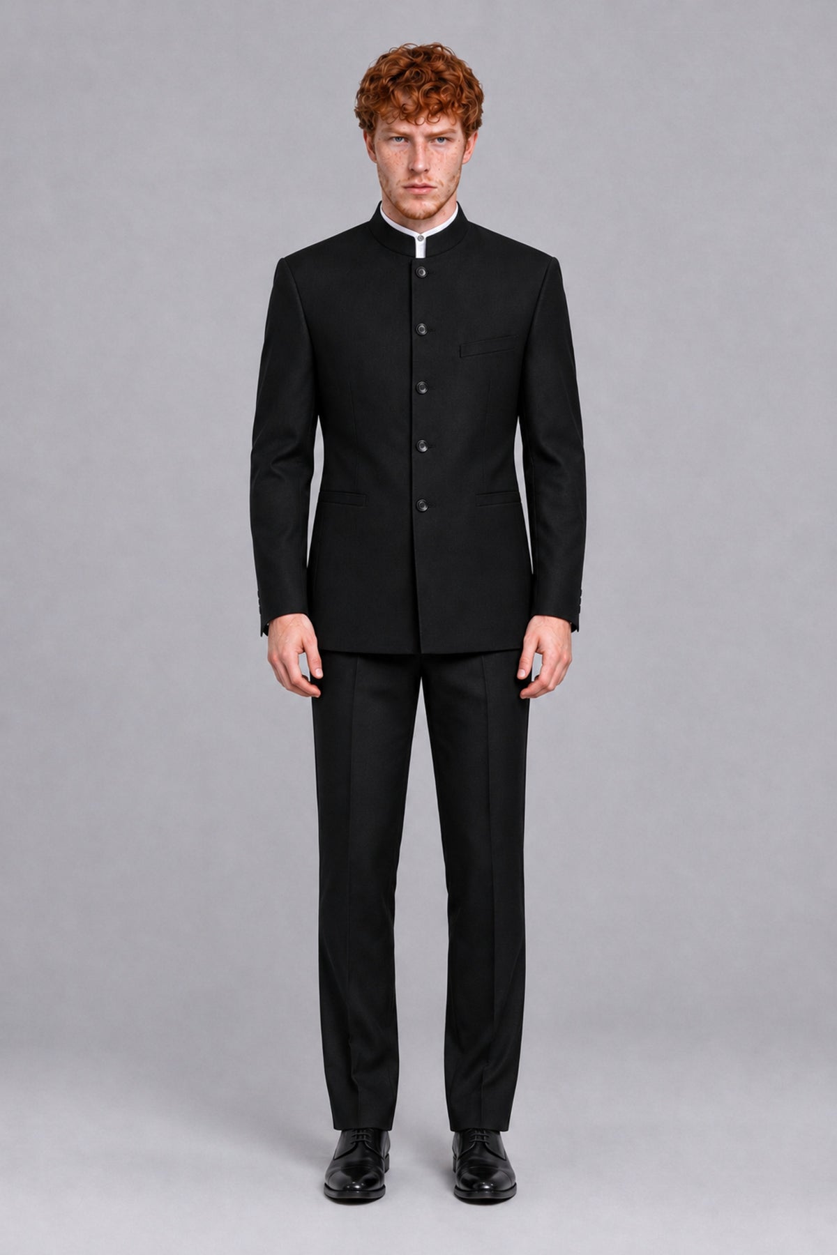 BOLODOO Men's Black Mandarin Collar Two-Piece Suit 