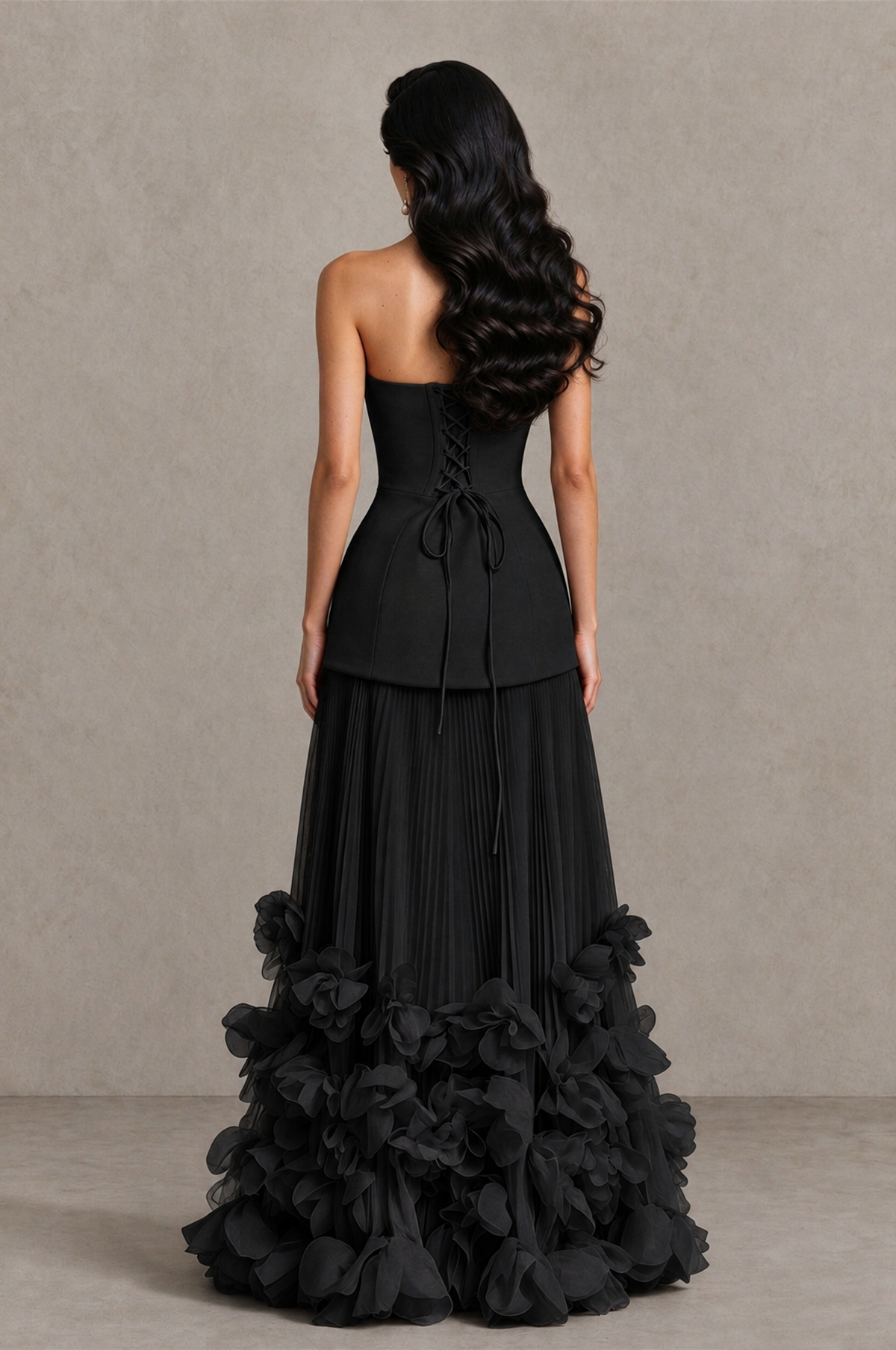 BOLODOO BX0185-Black evening gown back view showing lace-up bodice and pleated floral skirt