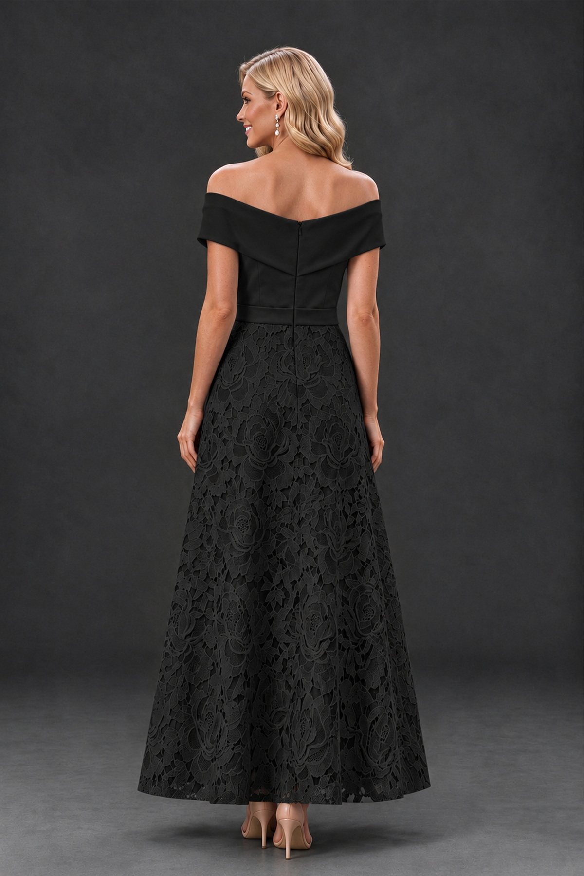 BOLODOO XX106 black mother of the bride dress, back view showing shallow V-back and no slit