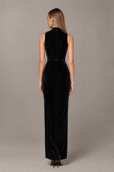 BOLODOO QQ074 black velvet-look maxi dress with covered back, rear view