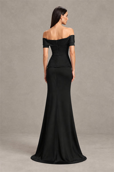 Three quarter view of black off shoulder mermaid evening dress with embellished waist
