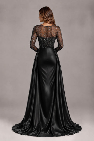 BOLODOO FQ0076 black long sleeve gown, rear view showing embellished sheer mesh back and train