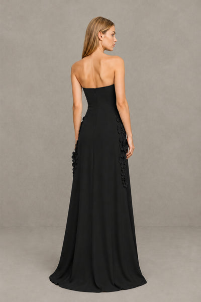 BOLODOO Black Strapless 3D Floral Appliqué Crepe Maxi Gown 