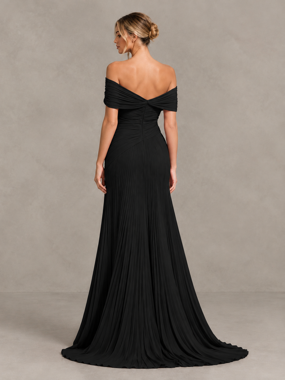 BOLODOO Black Off-Shoulder Ruched Pleated Maxi Dress with High Slit 