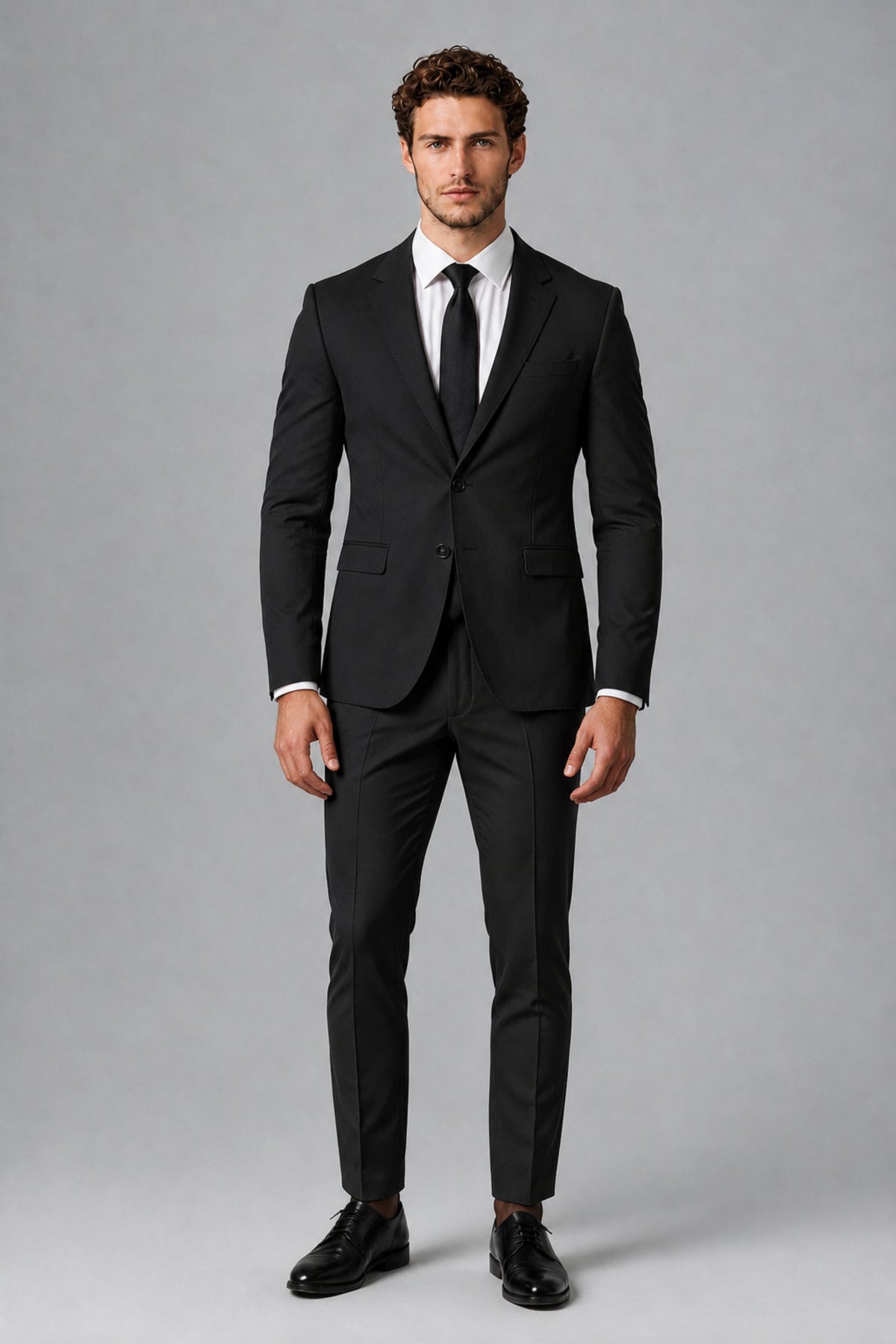 Bolodoo FQ1008 men's black two-piece suit, front full-length view of jacket and trousers
