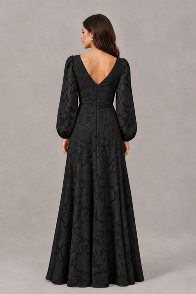 Back view of BOLODOO XX096 black long sleeve gown showing V-back neckline and floral texture