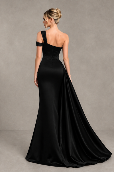 BOLODOO Black Asymmetric Ruched Formal Evening Dress 