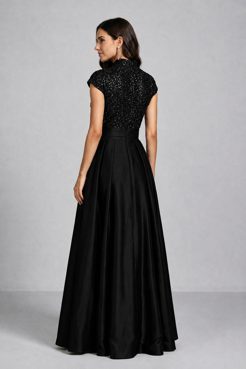 BOLODOO Black Sequin Embroidered High Neck Cap Sleeve A-Line Ball Gown – Formal Evening Dress 