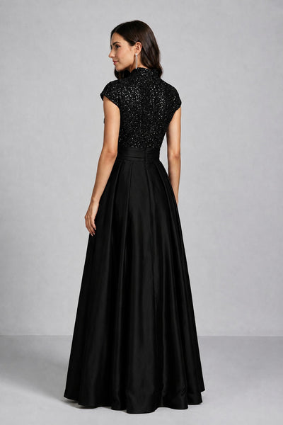 BOLODOO Black Sequin Embroidered High Neck Cap Sleeve A-Line Ball Gown – Formal Evening Dress 