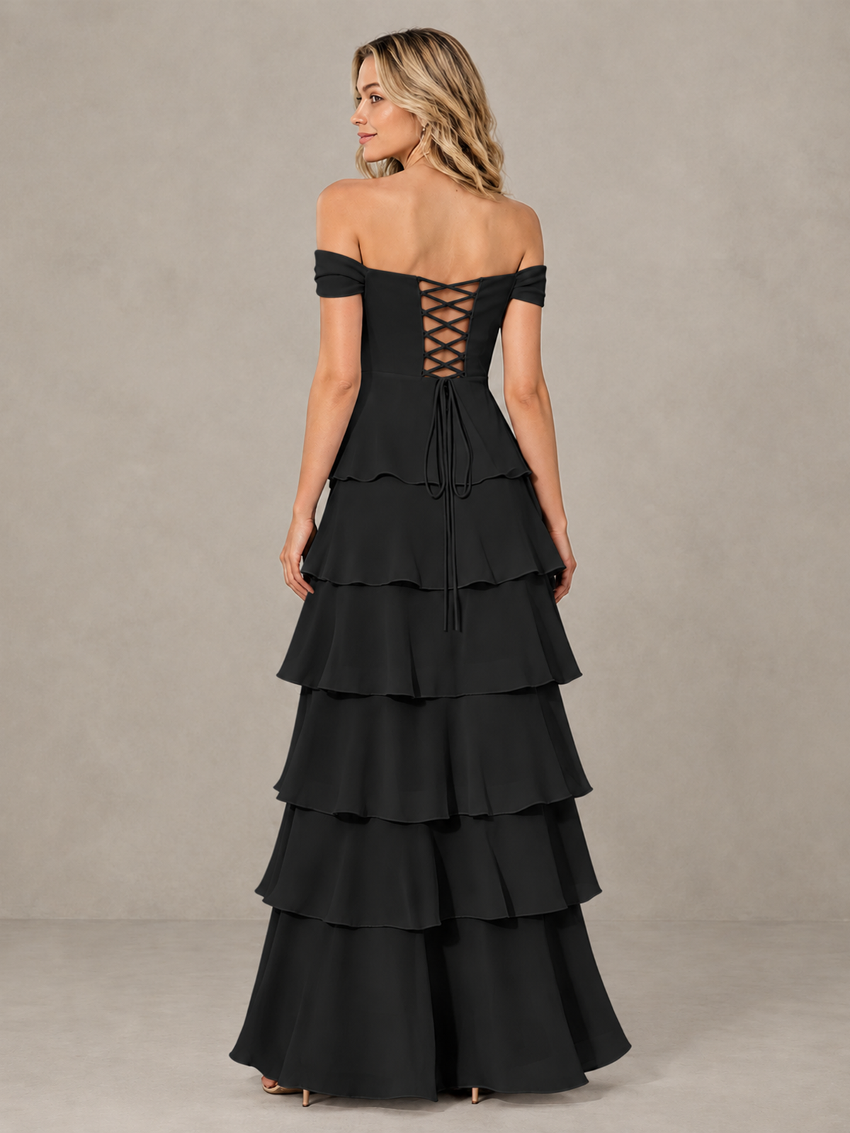 BOLODOO black tiered bridesmaid dress with low open lace-up back, rear view