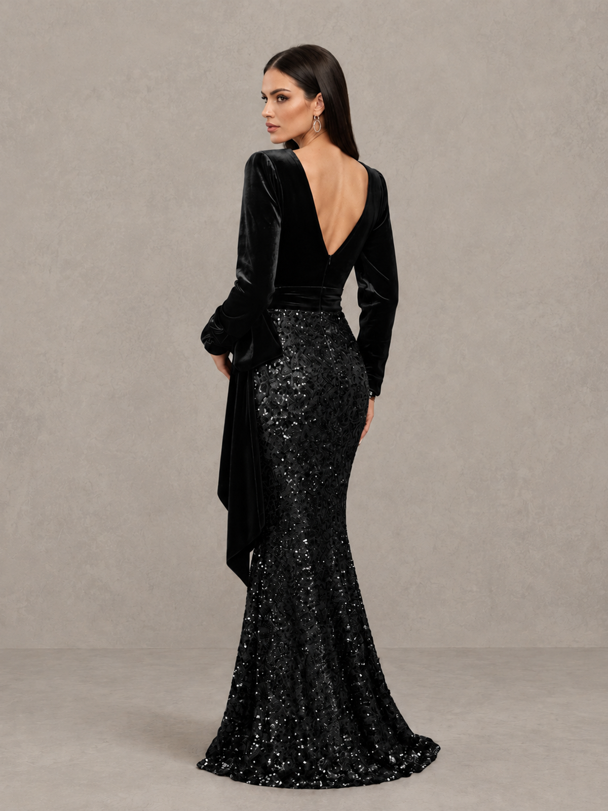 BOLODOO black velvet-look and sequin evening gown, back view showing open V-back