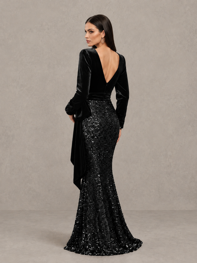 BOLODOO black velvet-look and sequin evening gown, back view showing open V-back