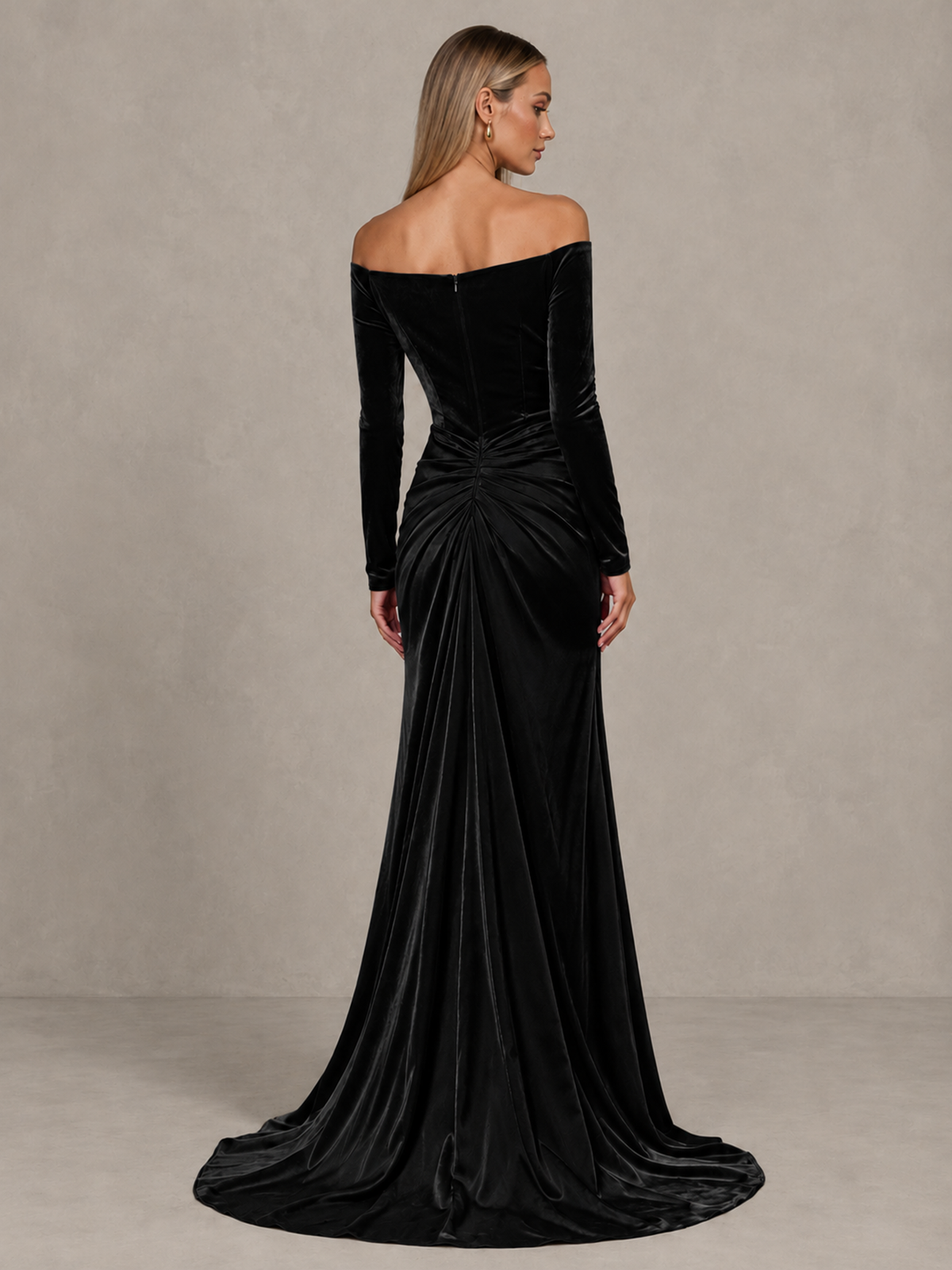 BOLODOO Black Off-Shoulder Velvet Evening Gown with High Slit 