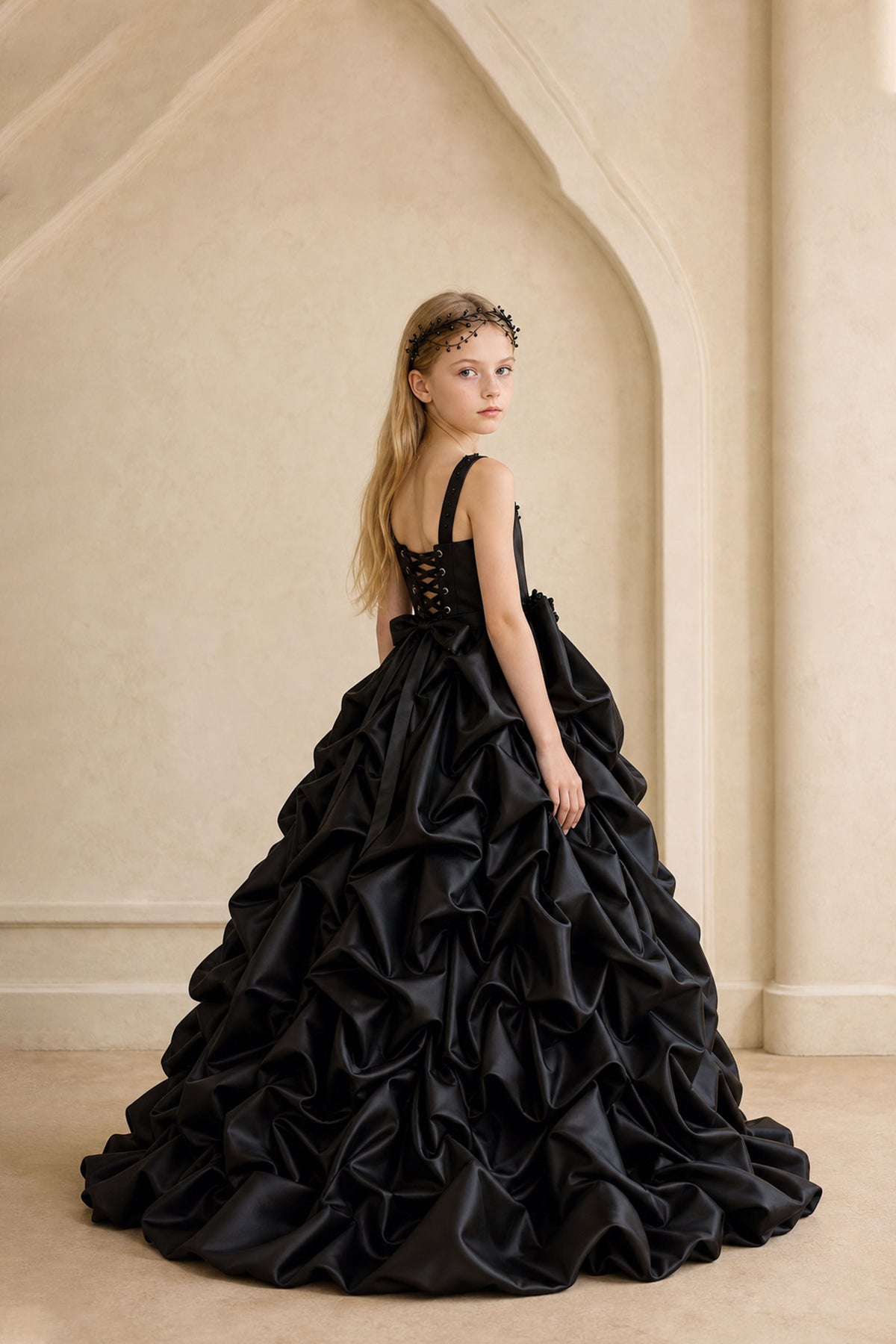 BOLODOO Girls Black Satin Pick-Up Ball Gown Back View – Lace-Up Corset Back and Cathedral Sweep Train