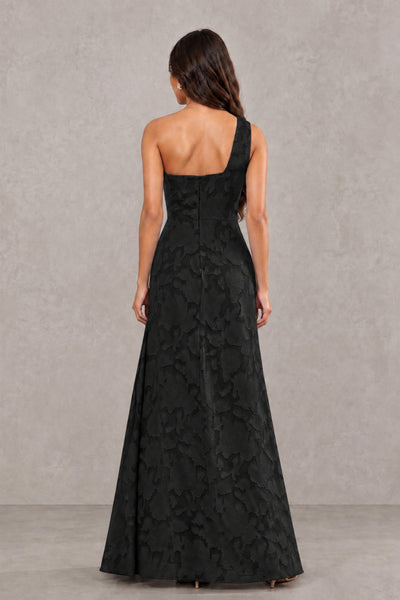 BOLODOO FQ0069 black floral textured long dress, asymmetric open-upper-back view
