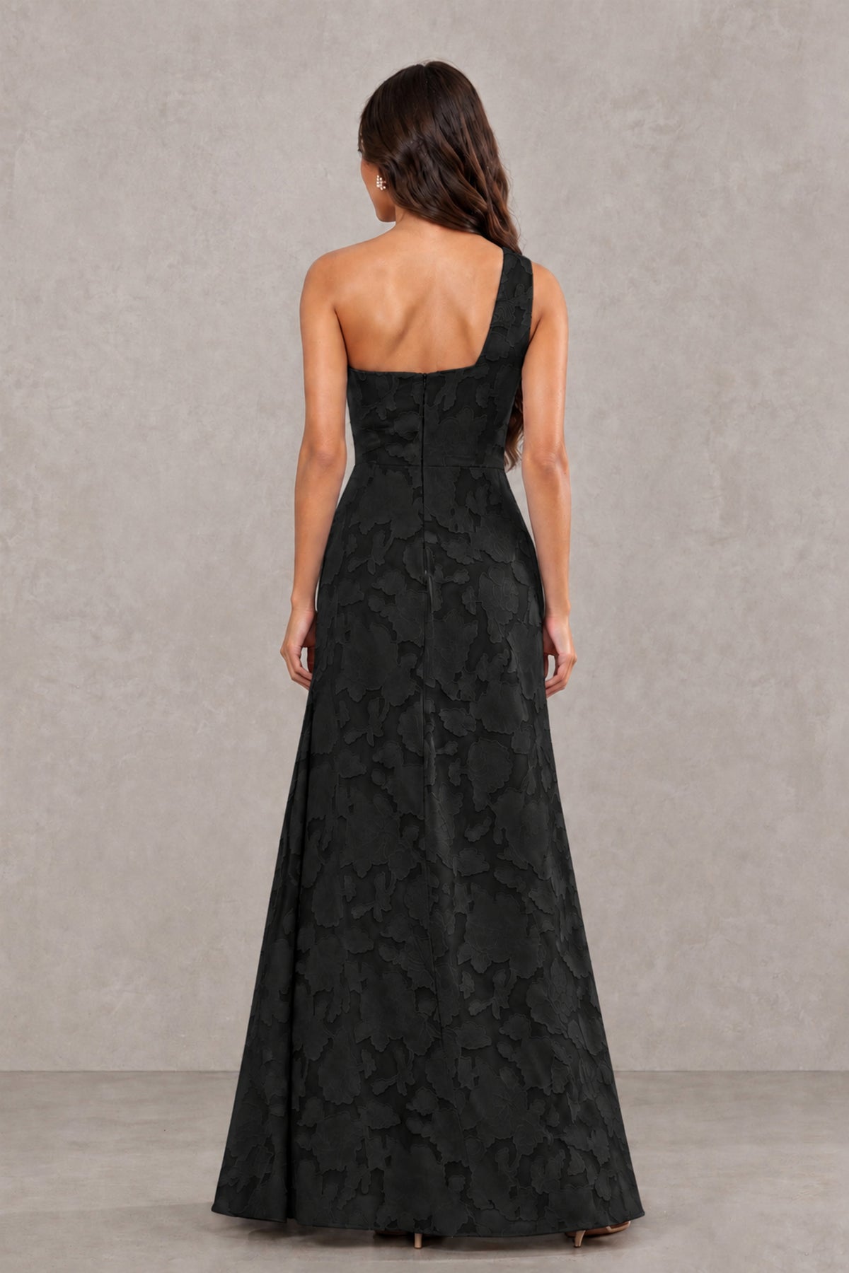BOLODOO FQ0069 black floral textured long dress, asymmetric open-upper-back view