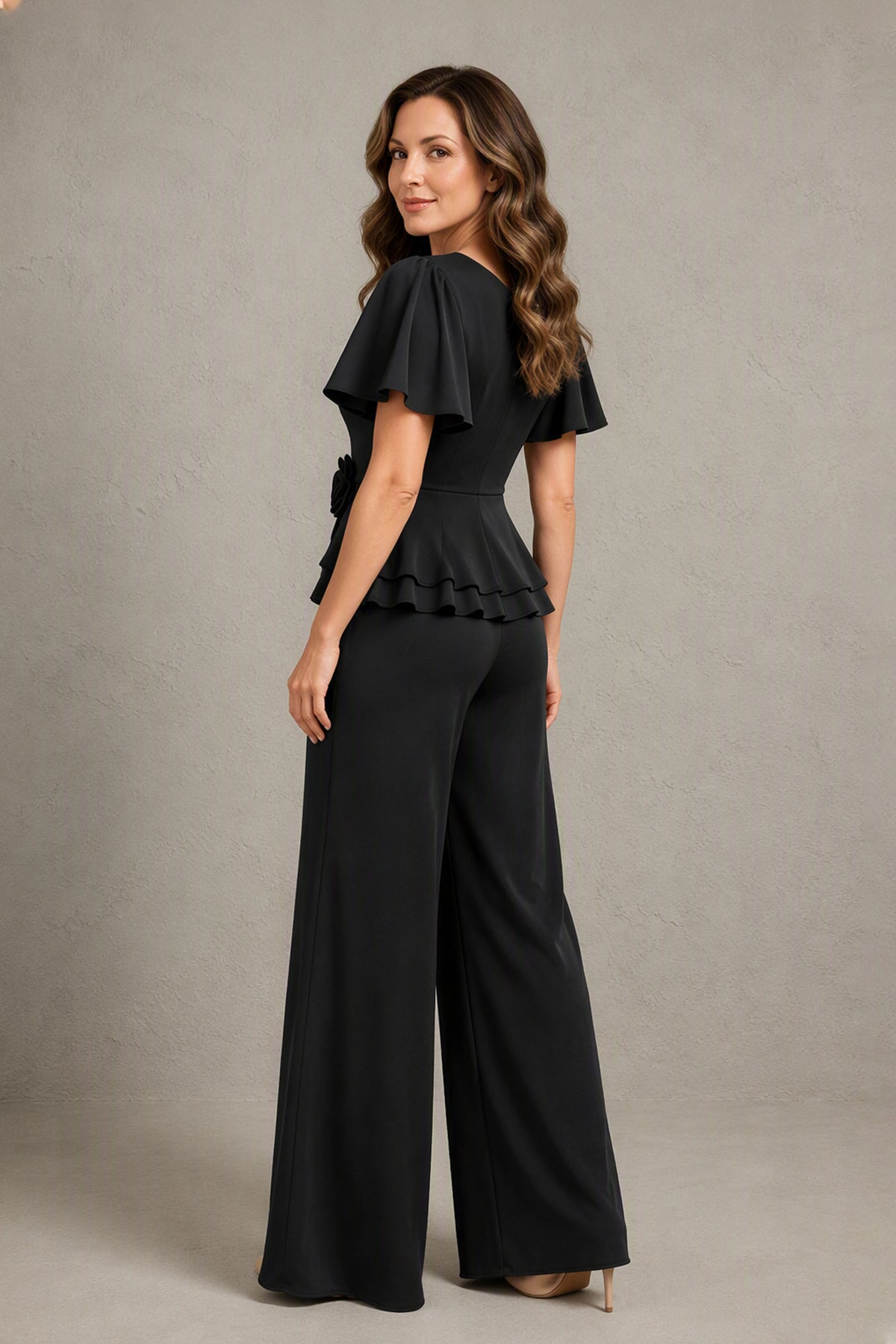 BOLODOO black full-length wide-leg jumpsuit with flutter sleeves, back view