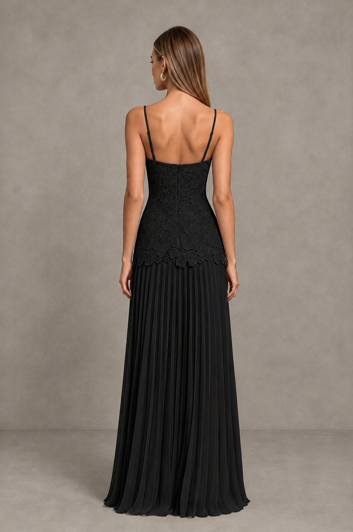 BOLODOO Black Lace Bodice Pleated Wedding Guest Dress 