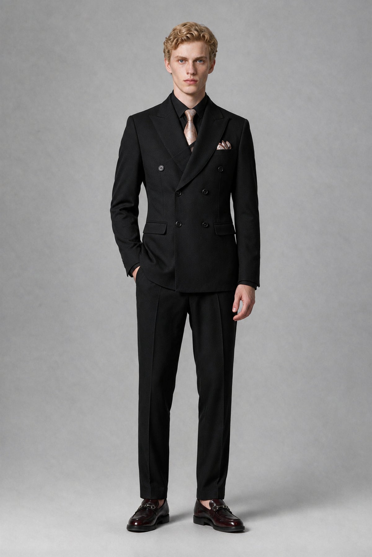 BOLODOO FQ0052 men's black double-breasted two-piece suit with matching trousers, full front view