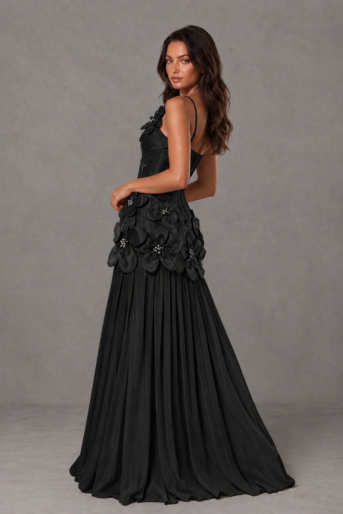 BOLODOO black floor-length A-line evening gown with 3D floral appliqués, front view